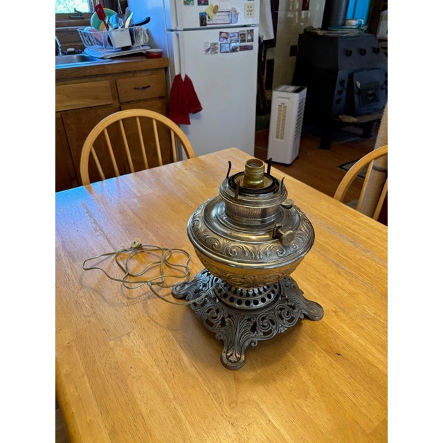 Neoclassical Rare Antique Bradley & Hubbard No. 95 Electrified Kerosene Lamp c.1892–1895 | Nickel Neoclassical For Sale - Image 3 of 3