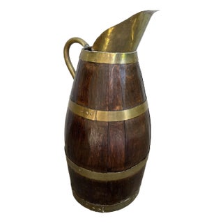 Late 19th Century Antique Large French Country Oak Pitcher Brass Band Wine Barrel Umbrella Stand For Sale