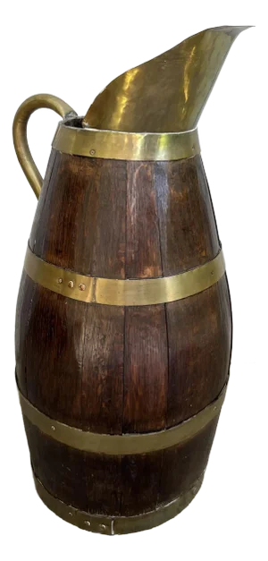 Late 19th Century Antique Large French Country Oak Pitcher Brass Band Wine Barrel Umbrella Stand