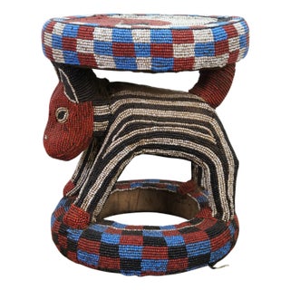Late 20th Century African Cameroon Bamileke Tribal Beaded Zoomorphic Side Table Stool 16" For Sale