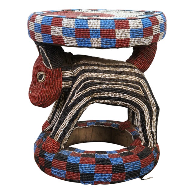 Late 20th Century African Cameroon Bamileke Tribal Beaded Zoomorphic Side Table Stool 16" For Sale