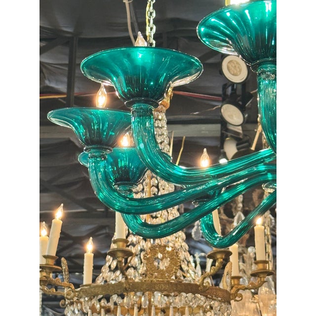 Glass Modern Murano Teal Glass Chandelier For Sale - Image 7 of 9