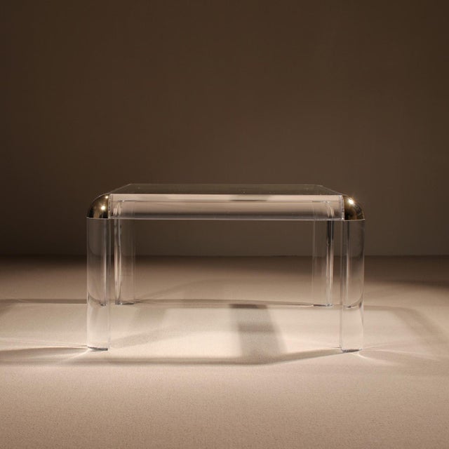 Square Acrylic and Brass Coffee Table in the style of Karl Springer, 1970s For Sale - Image 12 of 13