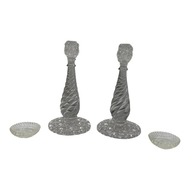Pair, American Brilliant Period Cut Glass Russian & Swirl Pattern Candlesticks For Sale