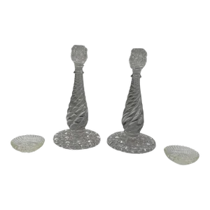 Pair, American Brilliant Period Cut Glass Russian & Swirl Pattern Candlesticks