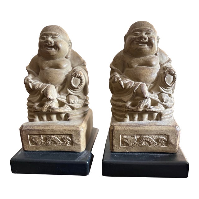 Vintage Chinoiserie Laughing Buddha Bookends For Sale