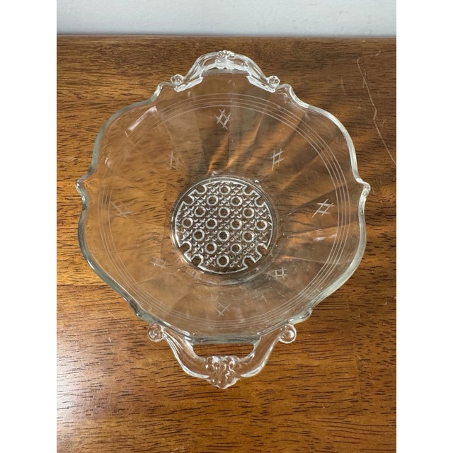 Abstract Vintage Clear Pressed Glass Serving Bowl Handles Etched Floral Console Dish For Sale - Image 3 of 11
