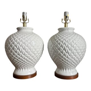 Vintage Ralph Lauren White Pineapple Table Lamps With Wood Base - a Pair For Sale