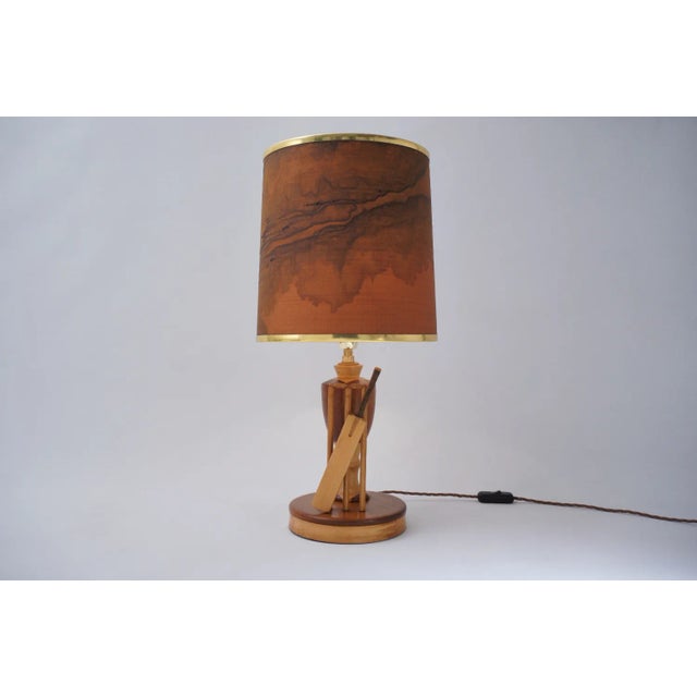 1950`s English Marquetry Wood Inlaid Table Lamp, Sport Cricket Theme, Rewired For Sale - Image 13 of 13