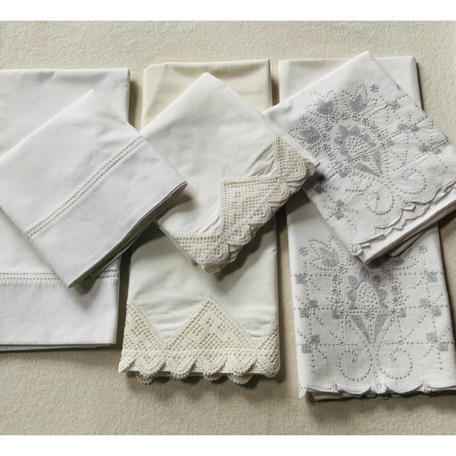 Set of 7 Antique Linen & Cotton Pillowcases With Lace Trim & Monogram — C. 1920s, Nantucket Estate For Sale - Image 4 of 18