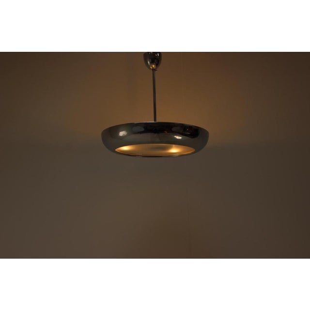 Glass Bauhaus / Functionalist Chrome UFO Pendant Light attributed to Napako, 1930s For Sale - Image 7 of 10