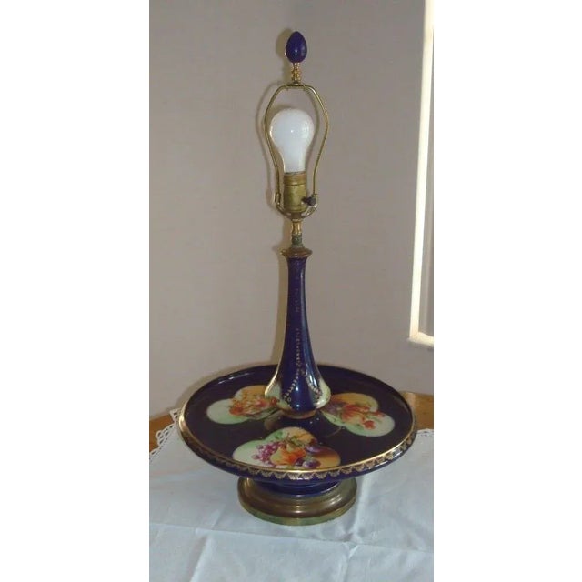 Navy Blue Dresden Hand Painted Porcelain Table Lamp For Sale - Image 8 of 8