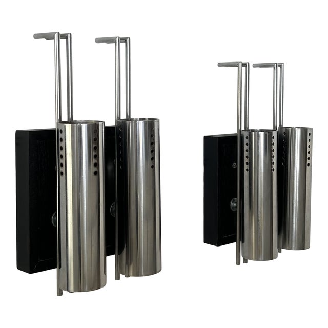 Vintage Wall Lights in Chromed Metal and Blackened Oak, France, 1970, Set of 2 For Sale