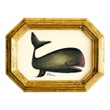 Original Hand-Painted Whimsical Baby Whale Painting in a Vintage Italian Gold Frame For Sale