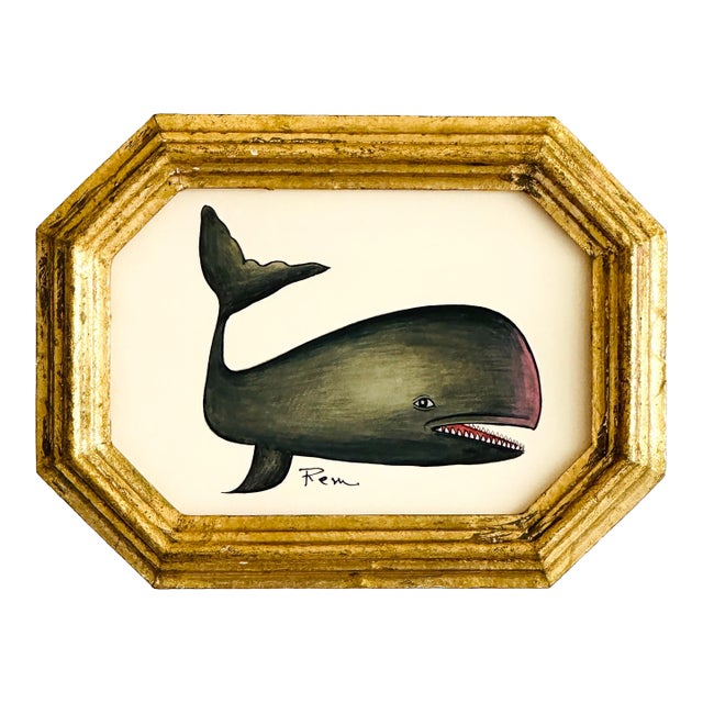 Original Hand-Painted Whimsical Baby Whale Painting in a Vintage Italian Gold Frame For Sale