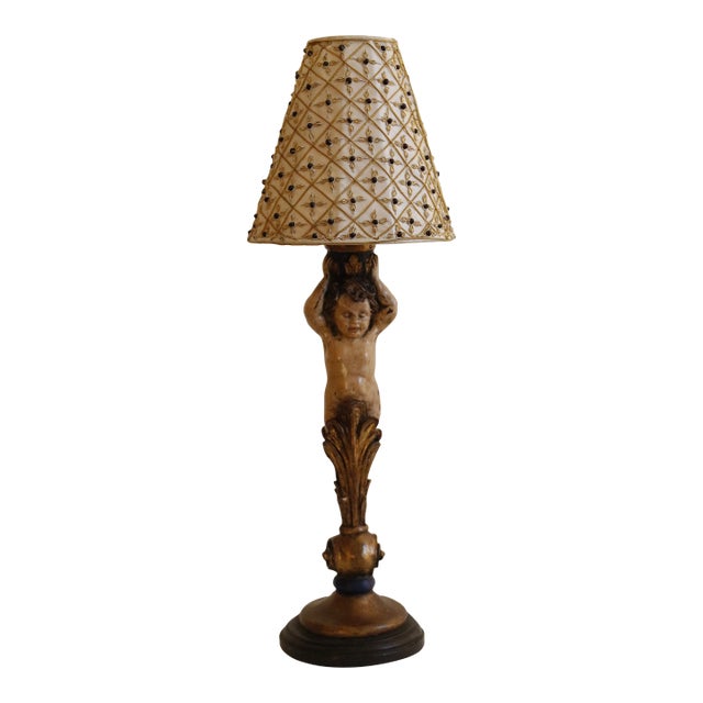 Figural Sculpture Cherub Lamp With Original Beaded Shade, Signed by Marco For Sale