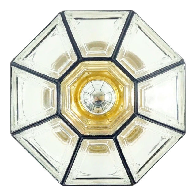 Mid-Century Modern Glass & Brass Ceiling Light/Flush Mount From Limburg, Germany, 1960s For Sale