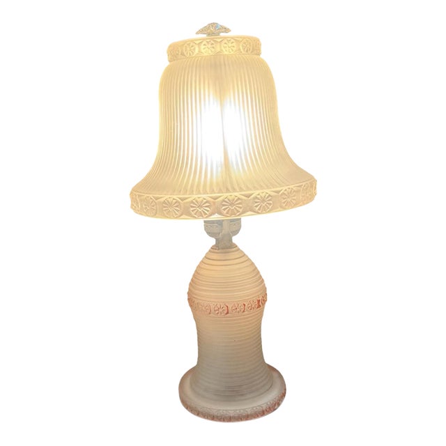 Vintage Art Deco Style Frosted Glass Ribbed Table Lamp With Matching Shade For Sale