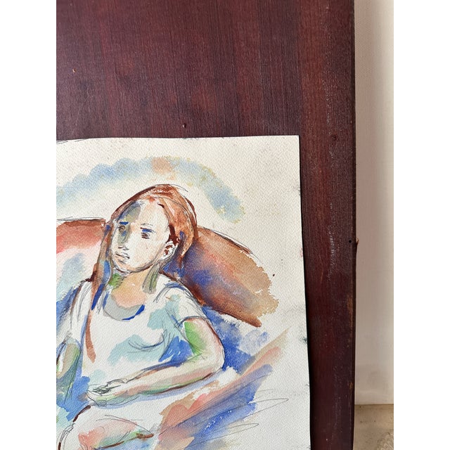 Watercolor Expressionism Painting of Sitting Girl For Sale - Image 4 of 8