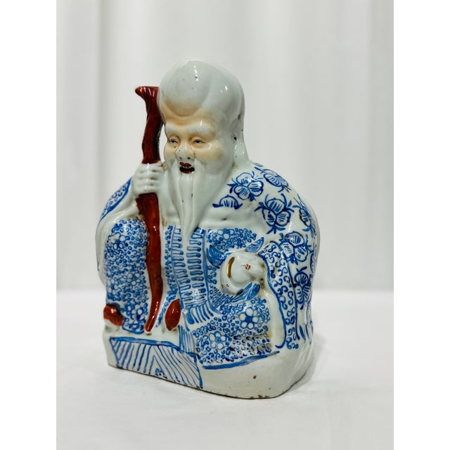 Hand Painted Chinese Blue & White Asian Porcelain Immortal Figure With Cane For Sale - Image 10 of 11