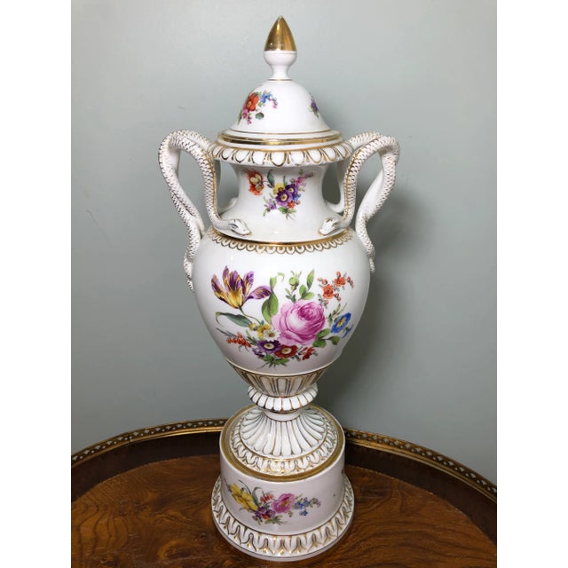 A large beautiful antique Carl Teichert Meissen – Handpainted Floral snake handle vase on a pedestal . Carl Teichert,...