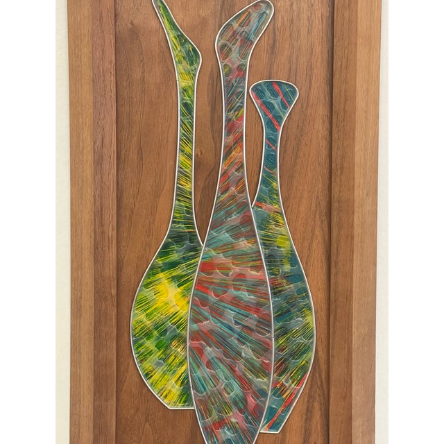 Vintage Mid-Century Modern Abstract Mixed Media Wall Art by Sheldon in Walnut Toned Frame. For Sale - Image 9 of 10
