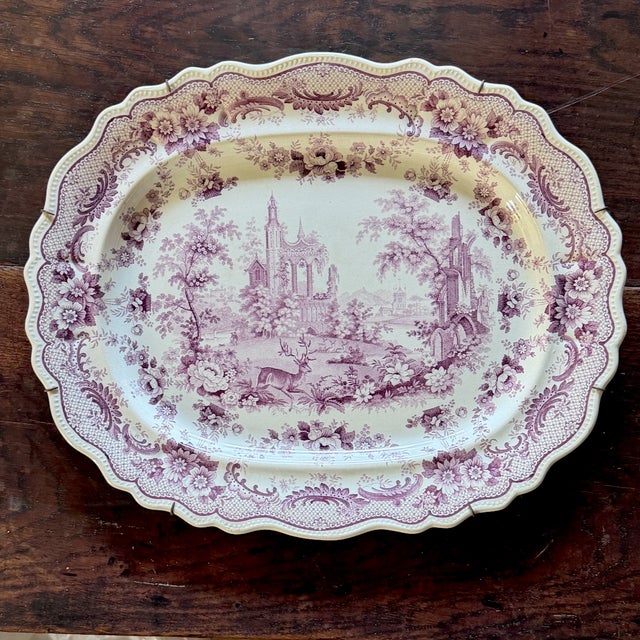 Large Antique English Mulberry Transferware Wall Platter by Thomas Fell & Co., 1840 For Sale - Image 3 of 13
