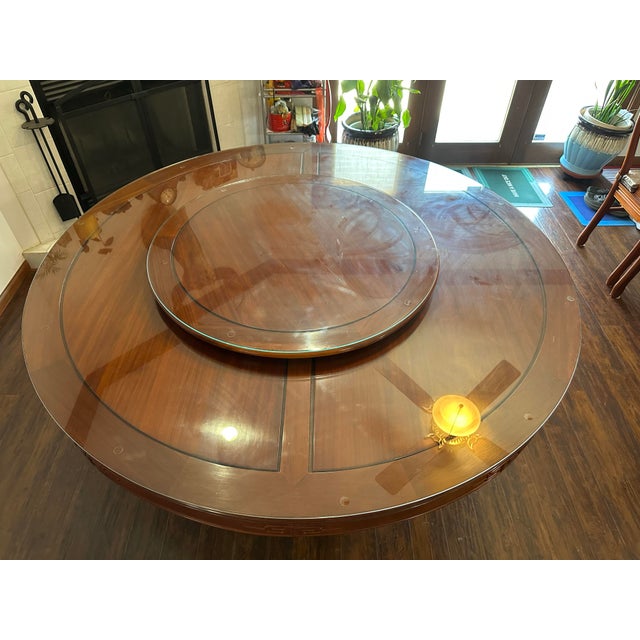 2000 - 2009 Vintage Burmese Rosewood Mid-Century Chinese Round Dining Table & 10 Chairs Set With Lazy Susan For Sale - Image 5 of 12