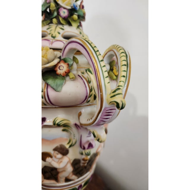 Late 19th Century Circa 1900 Vienna-Style Porcelain Potpourri Urn With Applied Flowers, Putti & Blue Shield Mark For Sale - Image 5 of 18