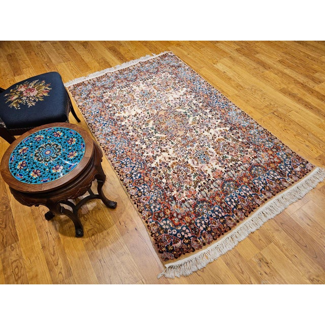 Vintage Persian Kerman Lavar Rug, Hand-Knotted Wool & Silk, Allover Floral Pattern, Ivory & Blue, 4x7 For Sale - Image 9 of 17