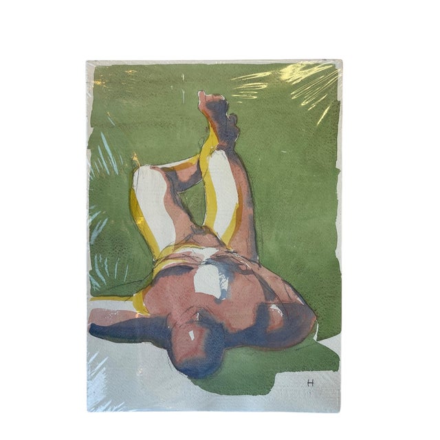 A striking watercolor on paper featuring an abstracted male figure in a rear-facing pose, painted in rich washes of...