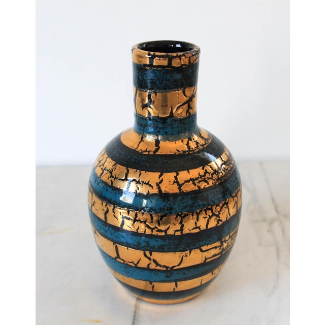 Vintage gold and teal glazed crackle pottery vase. Made in Italy. Makers mark on bottom.
