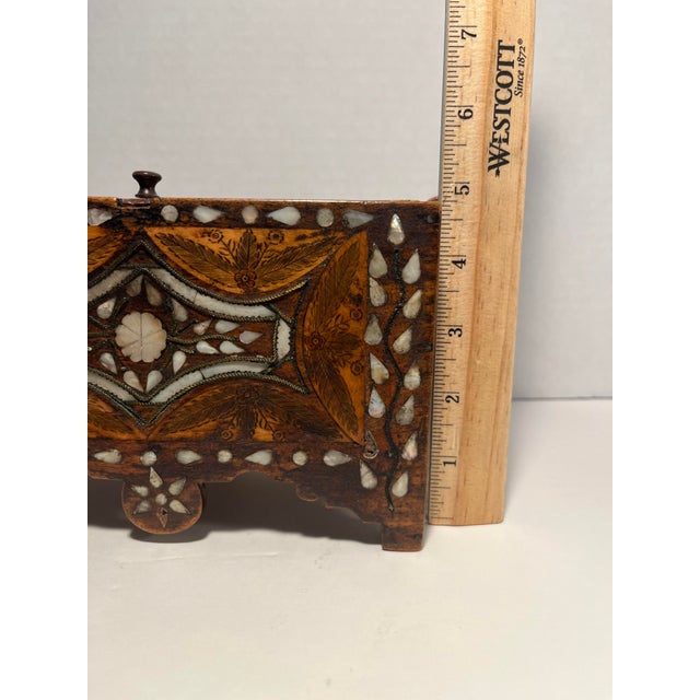 Antique 19th C. Moroccan Wooden Hand Crafted Mother of Pearl and Copper Dowry Box For Sale - Image 12 of 13