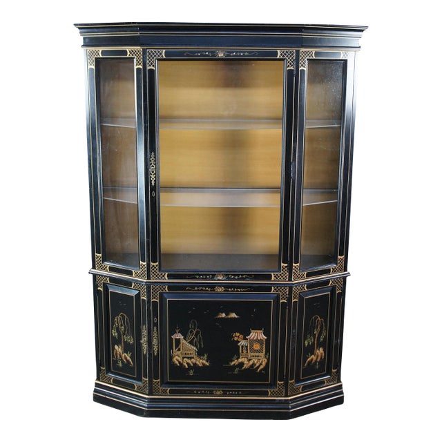 Vintage Jasper Black Lacquer Chinoiserie China Display Cabinet Pagoda Landscape, Attributed For Sale