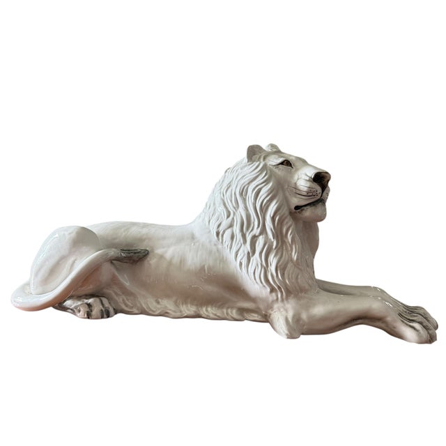 Italian Vintage Mid Century Italian Ceramic Recumbent Lion Sculpture by Ronzan For Sale - Image 3 of 10
