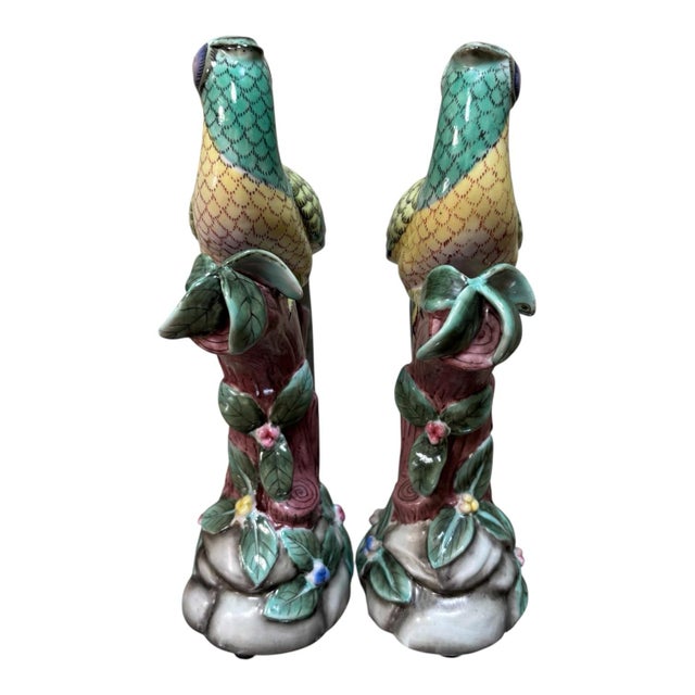 Green Pair Parrot Phoenix or Peacock Bird Figurines Table Sculptures - Hand Painting Chinese Porcelain Book Matching Set - Chelsea House Mottahedeh Style For Sale - Image 8 of 10