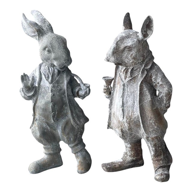 A Pair of Vintage Cast Iron Anthropomorphic Hare and Mouse Garden Statues For Sale