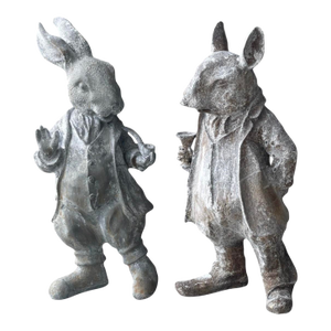 A Pair of Vintage Cast Iron Anthropomorphic Hare and Mouse Garden Statues