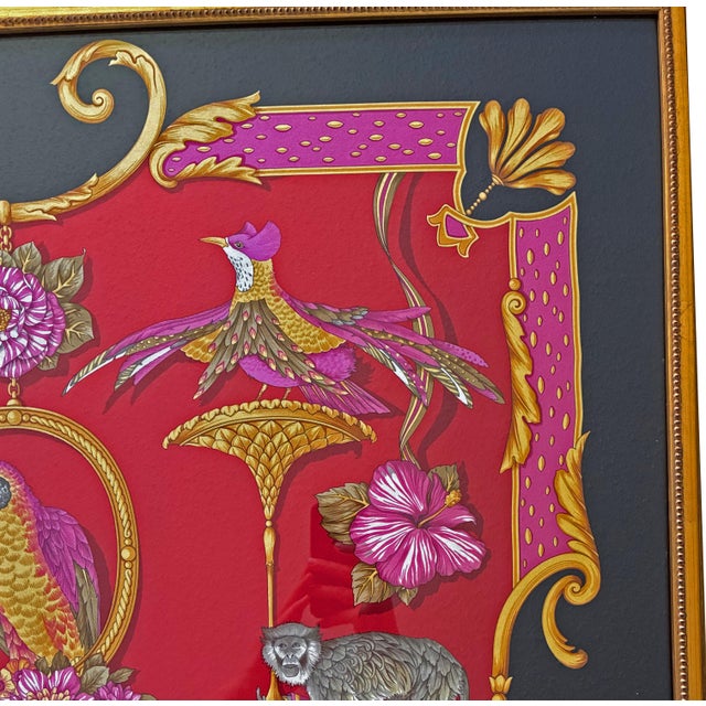 Framed Salvatore Ferragamo Silk Scarf, Exotic Birds & Monkeys Maximalist Wall Art, Luxury Italian Fashion Decor, 37x37 Statement Home Decor For Sale In West Palm - Image 6 of 6