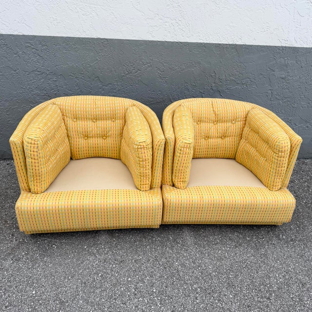 Vintage Mid Century Yellow Tufted Swivel Barrell Chairs With Pink Purple and Blue Stripes - A Pair For Sale - Image 12 of 12