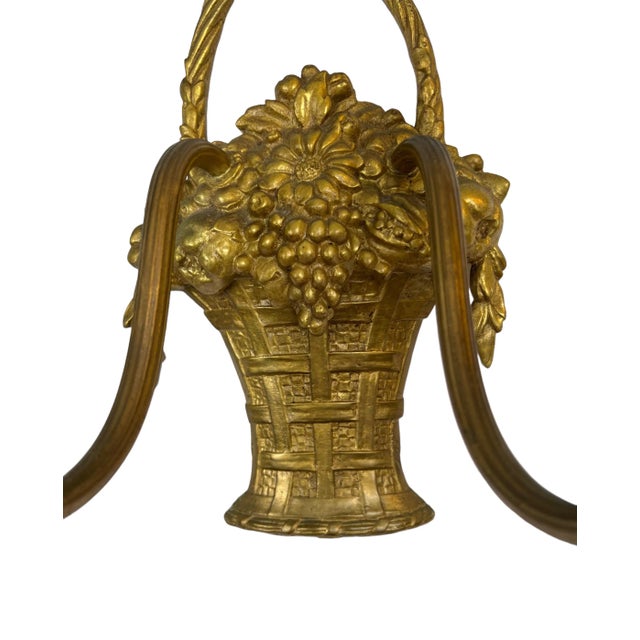 Pair of Vintage French Gilded Bronze Fruit & Flower Basket Wall Sconces, Louis XVI Style For Sale - Image 4 of 10