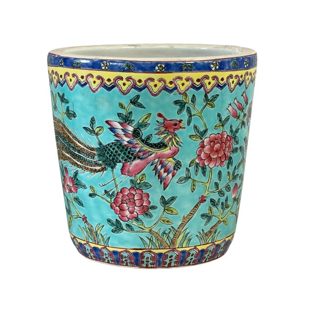 Ceramic Antique Chinoiserie Famille Rose Porcelain Jardiniere With Turquoise Glaze 8"h For Sale - Image 7 of 12