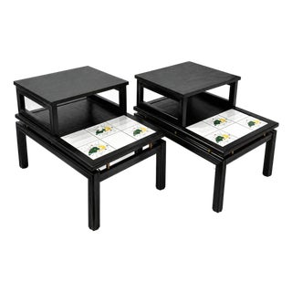 Pair of MCM Ebonized Wood End Tables With “The Tilers” Ceramic Tiles, C. 1960. For Sale