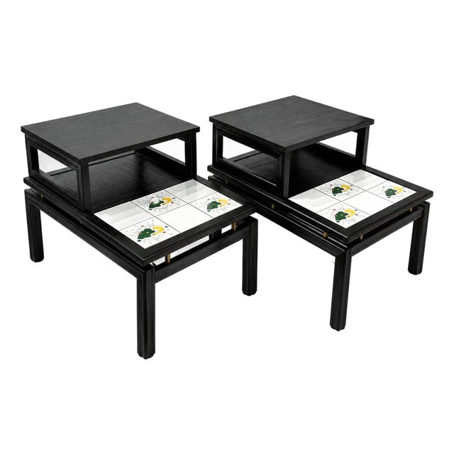 Pair of MCM Ebonized Wood End Tables With “The Tilers” Ceramic Tiles, C. 1960. For Sale