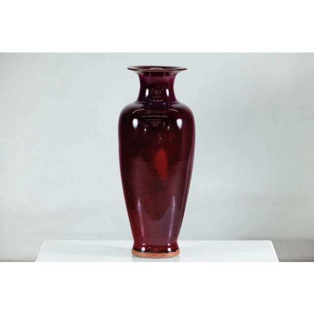 Tall Stoneware Vase with Deep Oxblood Flambé Glaze For Sale In New York - Image 6 of 12