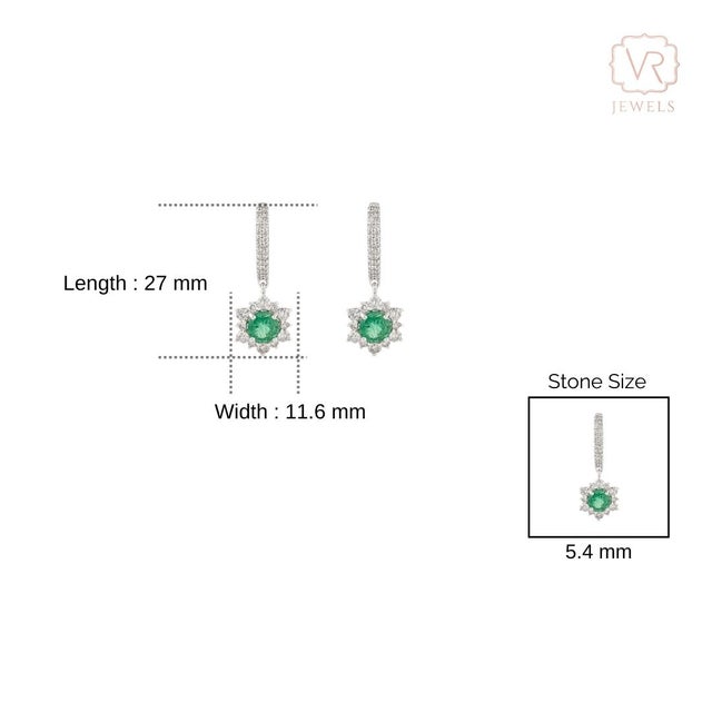 Green 14k Gold 1.3 Ct Round Emerald Huggie Drop Earrings With Cluster Floral Diamonds- A Pair For Sale - Image 8 of 11