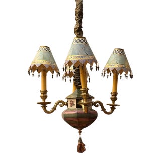 Late 20th Century MacKenzie Childs Vintage Four Light Chandelier W/ Brass Hardware, Shades, Clips Handmade For Sale