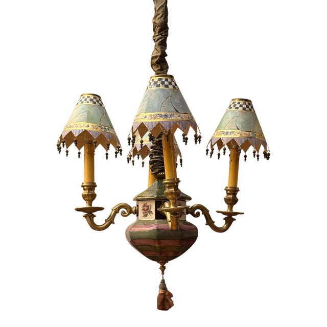 Late 20th Century MacKenzie Childs Vintage Four Light Chandelier W/ Brass Hardware, Shades, Clips Handmade For Sale