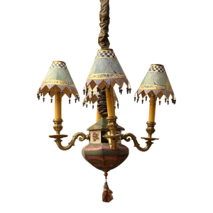 Late 20th Century MacKenzie Childs Vintage Four Light Chandelier W/ Brass Hardware, Shades, Clips Handmade