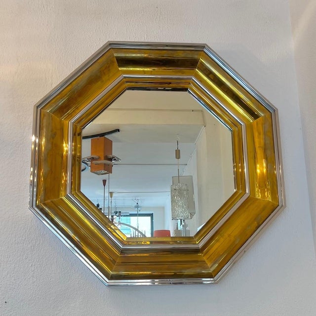 Gold Monumental Octagonal Mirror in Chromed Steel and Brass attributed to Sandro Petti for Maison Jansen, Italy, 1970 For Sale - Image 8 of 8